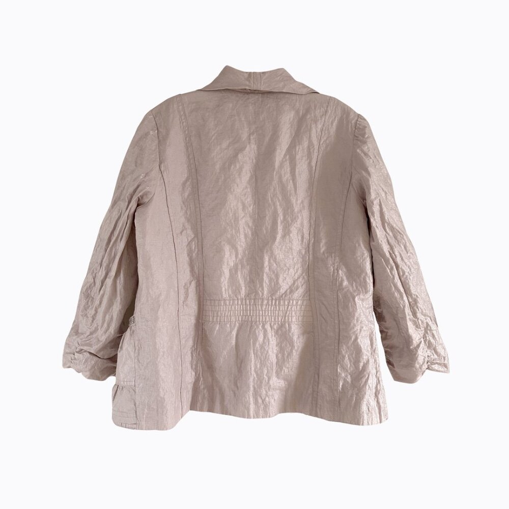 Chico's Ballet Pink Blazer M Ruched Open Front Shimmery Metallic Accent Preppy - Picture 2 of 7